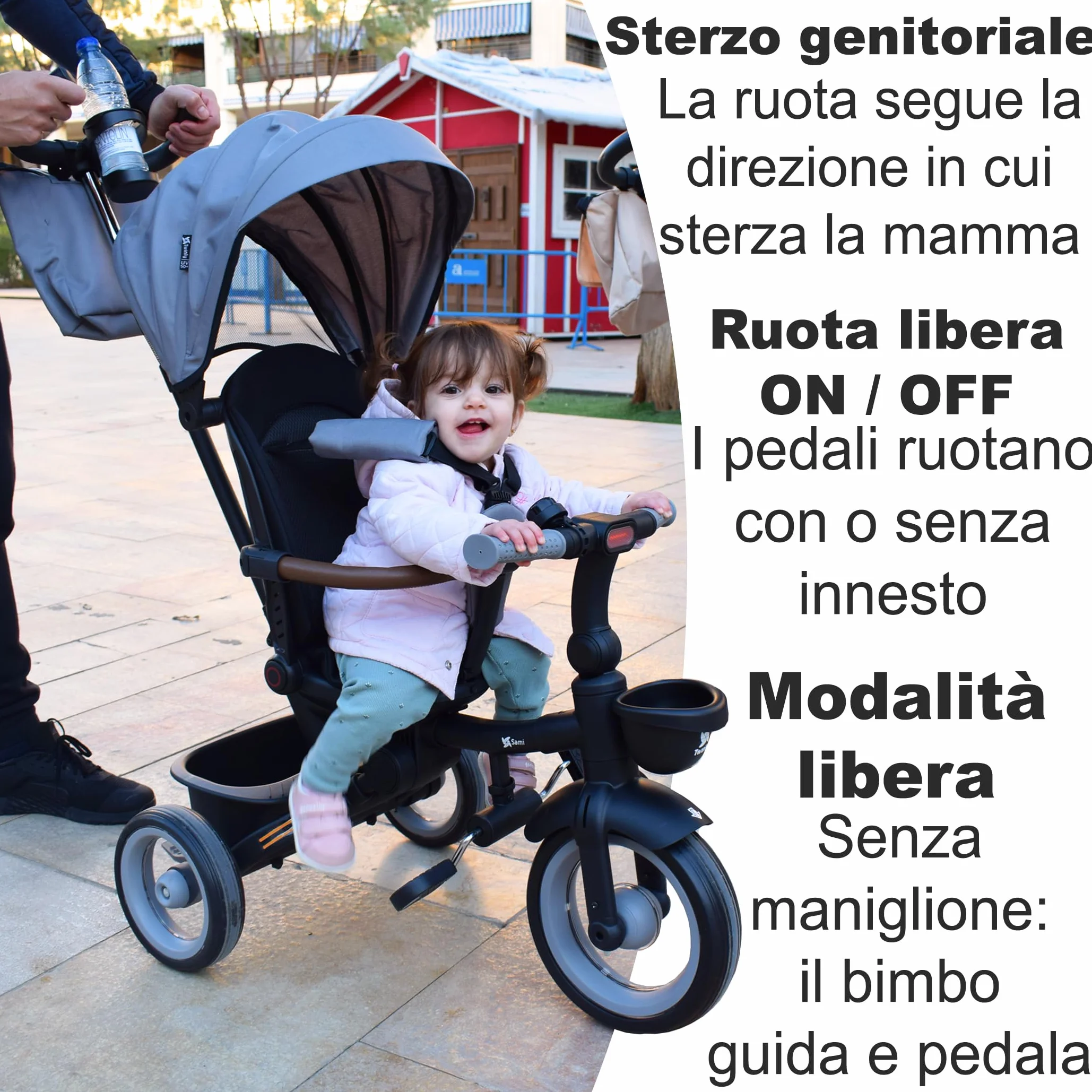 Twinly - Triciclo Evolutivo Bambino Sami Pieghevole con Sedile Girevole 360 Bicicletta 2 anni - Passeggino Bambino, Giocattolo, 1-5 anni o 25 kg - Luce, Cappottina Estensibile (Beige)