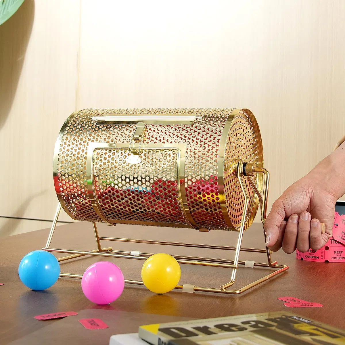 VEVOR Tamburo per gioco lotteria capienza 3500 biglietti 100 palline, serbatoio rotante piattaforma girevole dorato