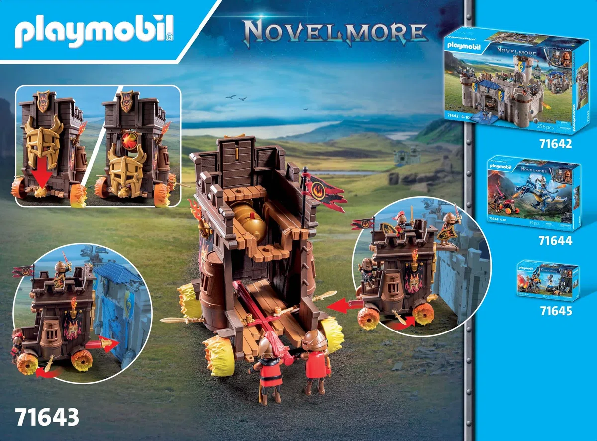 PLAYMOBIL Novelmore 71643 Carro d'assalto con cannone, con tre cavalieri Guerrieri di Burnham e vari accessori per battaglie emozionanti, giocattolo per bambini dai 4 anni in su