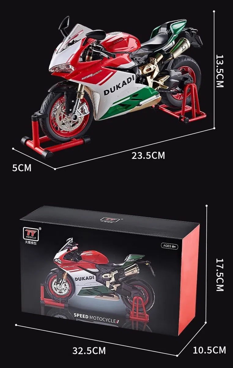 Modellino di motocicletta pressofuso in scala 1:9, caratteristiche interattive con effetti sonori, luci e parti mobili (rotazione della ruota posteriore), spruzzatura di fumo simulato (1:9 rosso+verde