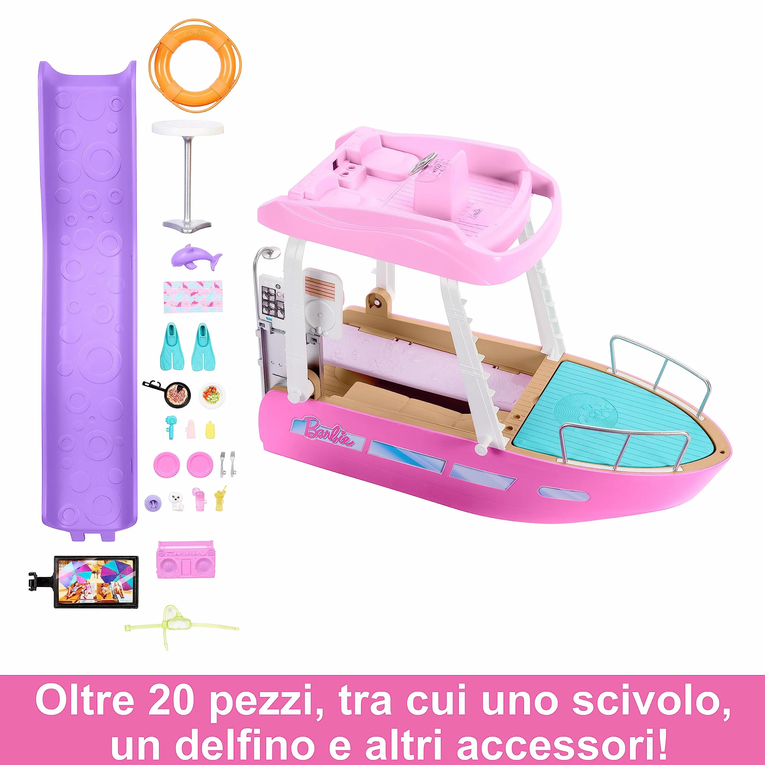 Barbie - Barca dei Sogni, Playset con piscina, scivolo, un delfino e 20+ accessori, giocattolo per bambini, 3+ anni, HJV37