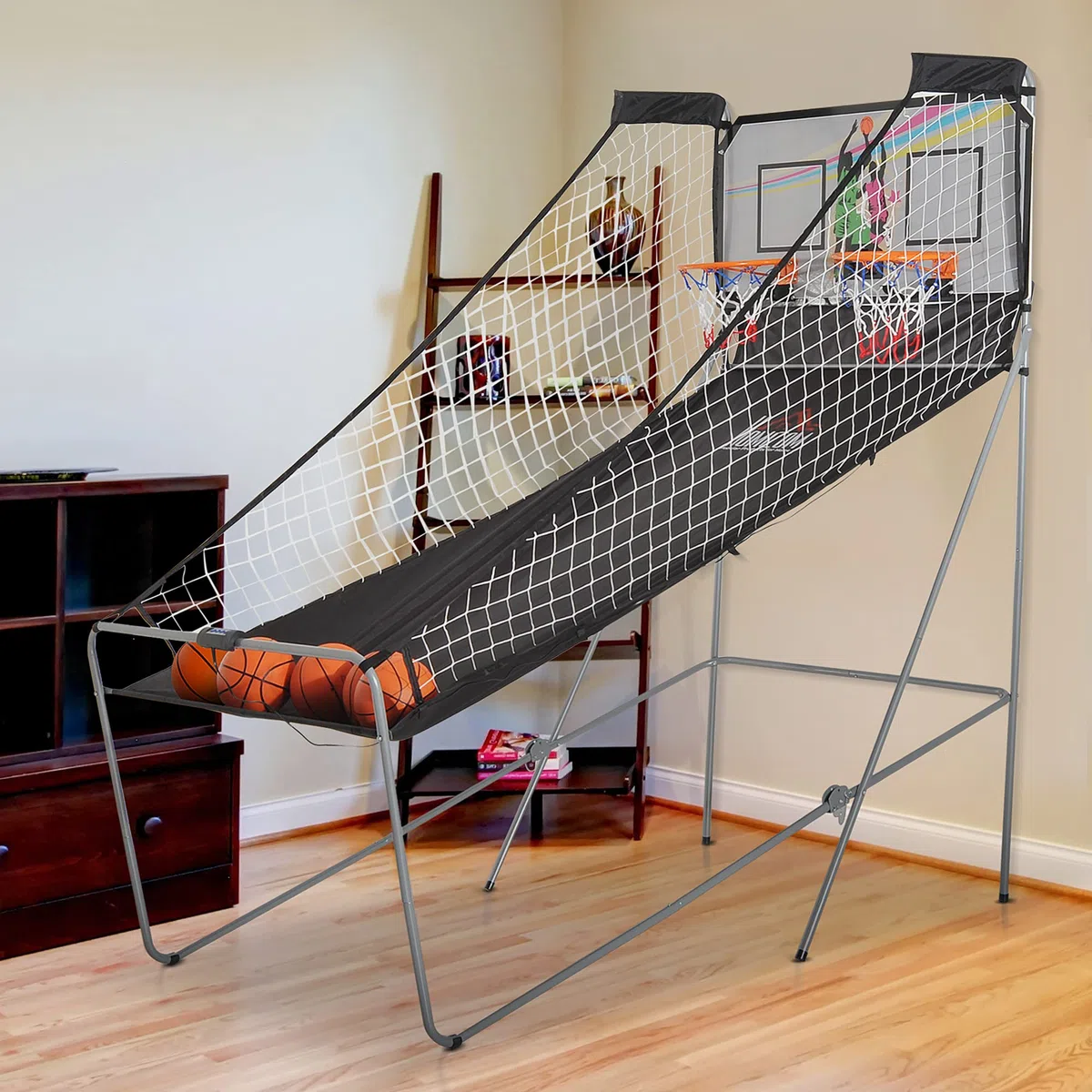 HOMCOM Canestro Basket con Tabellone LED, Pompa, 2 Canestri, 4 Palloni e 8 modalità di Gioco, Macchina da Pallacanestro Elettronica in Acciaio, Tessuto Oxford, MDF, 205x110x205 cm, Bianco e Nero