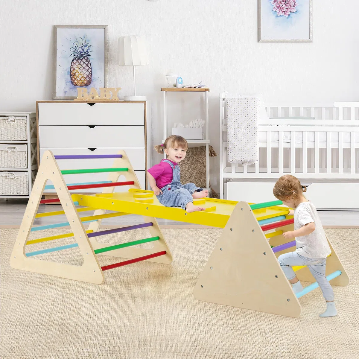 RELAX4LIFE Triangolo da Arrampicata in Legno con Scivolo, 2 Scale e 1 Rampa, Giochi Montessori per Bambini 1+