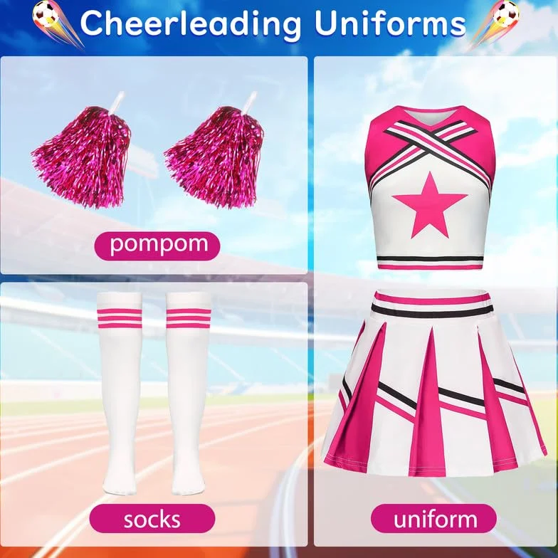 Costume da cheerleader per bambina con pompon e calzini per Halloween Carnevale