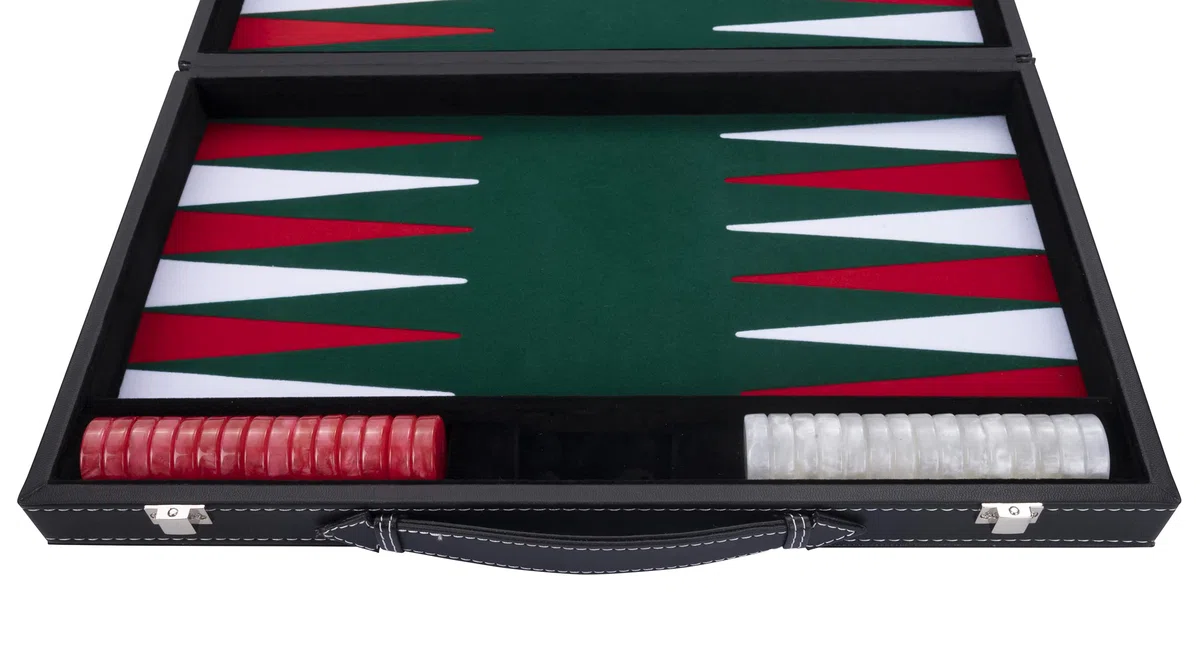 Engelhart - 250511 - Grande Backgammon di Lusso 45,5 cm (18 Pollici) - Similpelle Rossa con Inserto in Feltro - Dadi e Fiches Madreperlate - 2 Bicchierini - Gioco Strategico da Tavolo