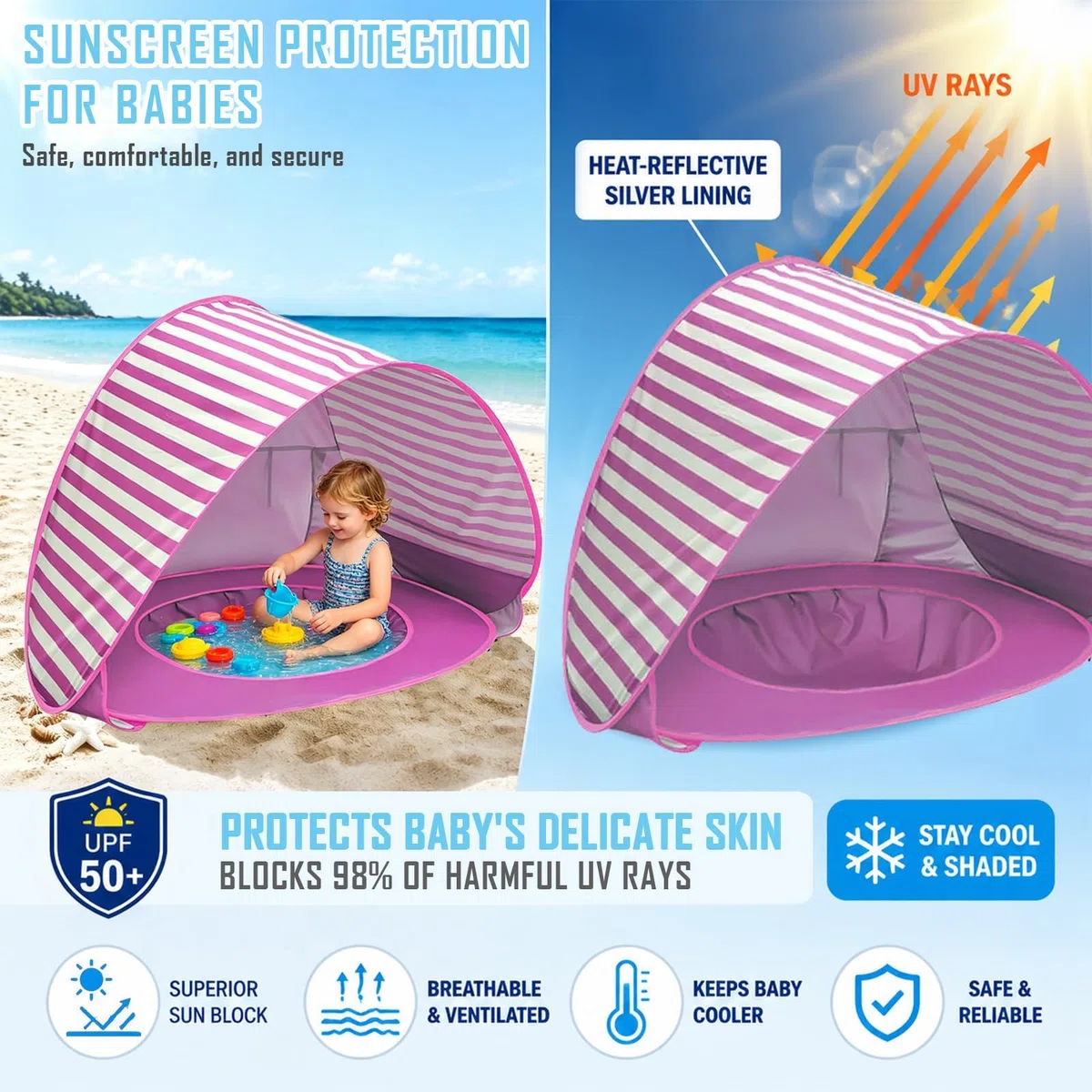 MeYuxg Tenda da spiaggia per bambini con protezione UV 50+ portatile mini piscina separabile rosa