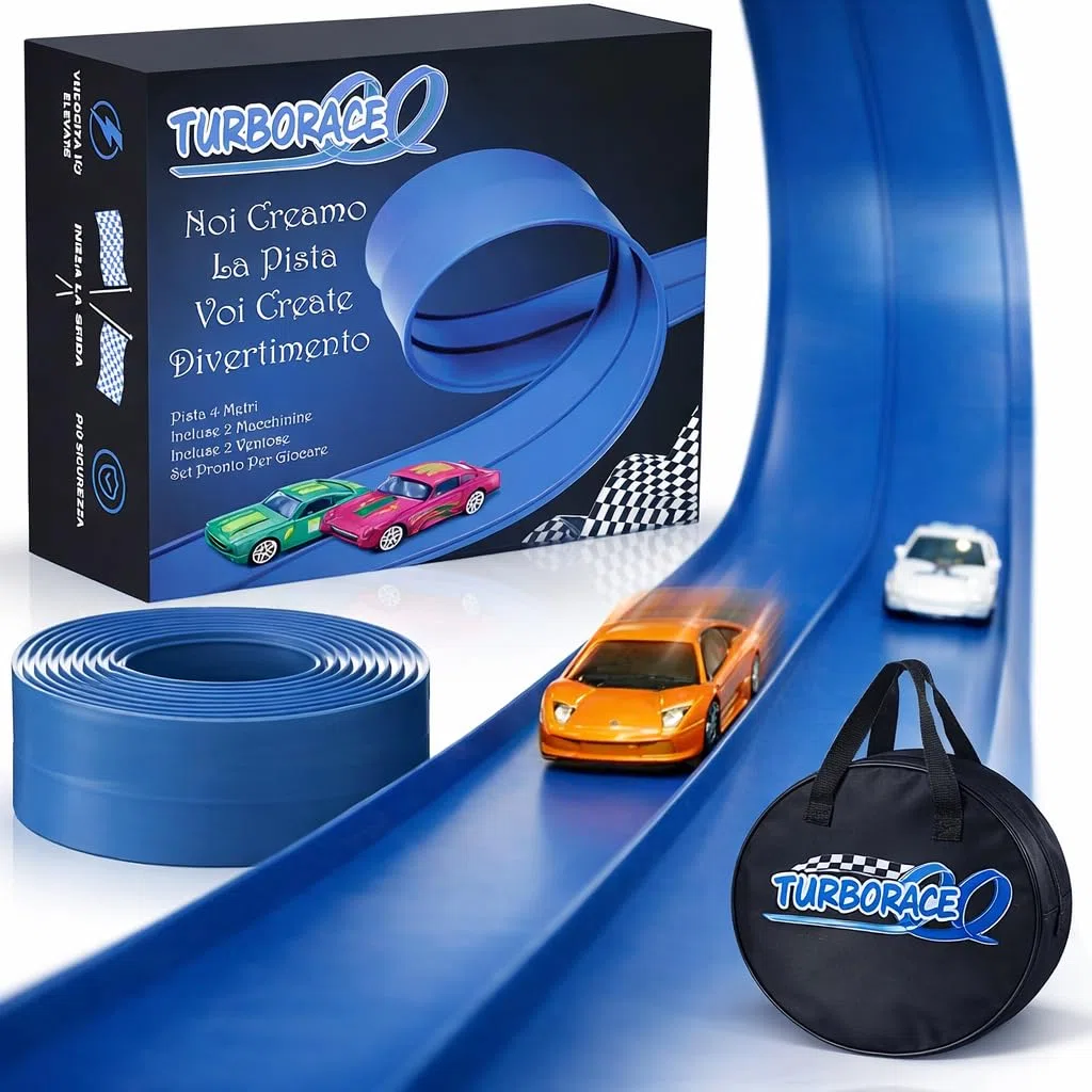 Turborace Pista Macchinine 4 Metri + 4 macchinine Flexible Blu Track