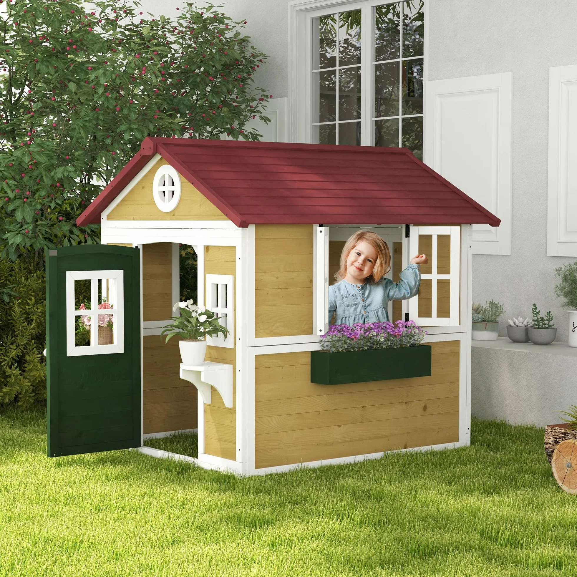 Outsunny Casetta da giardino in legno per bambini 114x126,4x135 cm