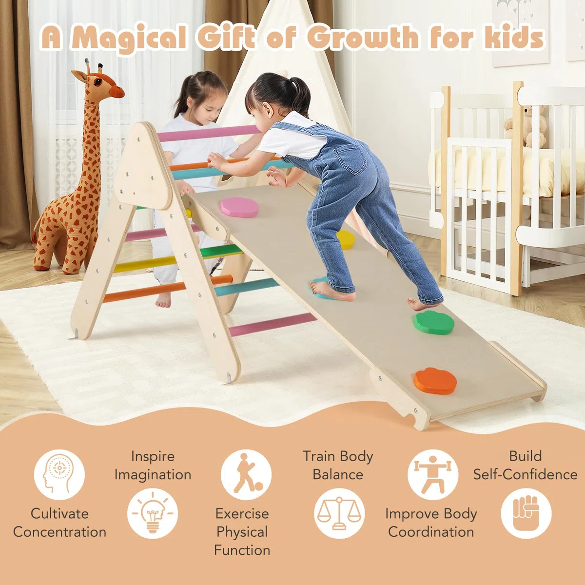 Fantask Struttura da arrampicata 4 in 1 legno con scivolo triangolo arco altalene per bambini 1 anno