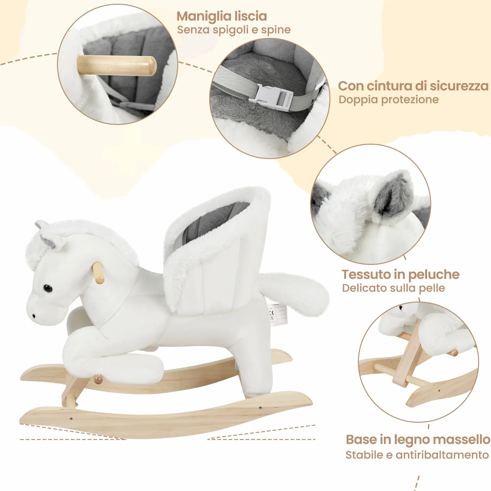 WOLTU Cavallo a Dondolo in Legno per Bambini 1-3 Anni, Cavalluccio in Peluche Cavalcabile con Suoni, Cintura di Sicurezza e Schienale Alto, Giocattolo Regalo per Bambino e Bambina, Bianco e Grigio