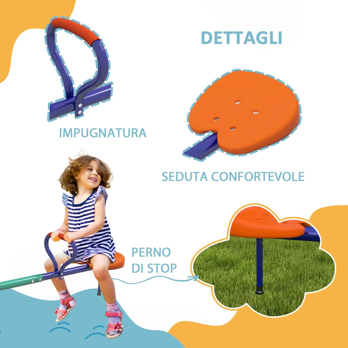 Outsunny Altalena a Bilico per Bambini 3-8 Anni 360° Rotazione Giardino Basculante Acciaio Seggiolini PP 192x60x60 cm Multicolore