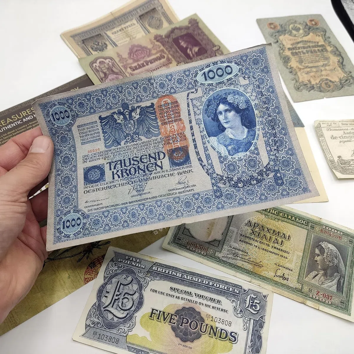 Collezione di 10 Banconote Antiche Autentiche 1792-2014, 4 Secoli di Storia con Certificato di Autenticità