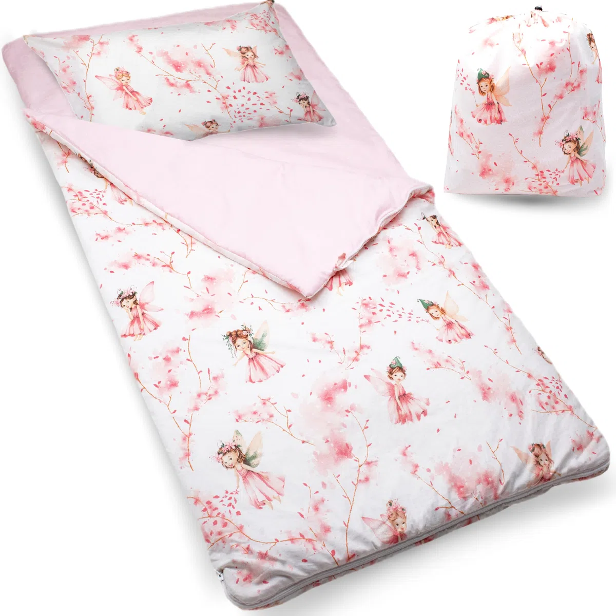 PinkZebra Sacco a Pelo Copriletto, 140 x 75 cm + federa cuscino 60 x 40 cm, per ragazze e ragazzi da 3 a 8 anni (fino a 135 cm di altezza), certificato Oeko-Tex, fata