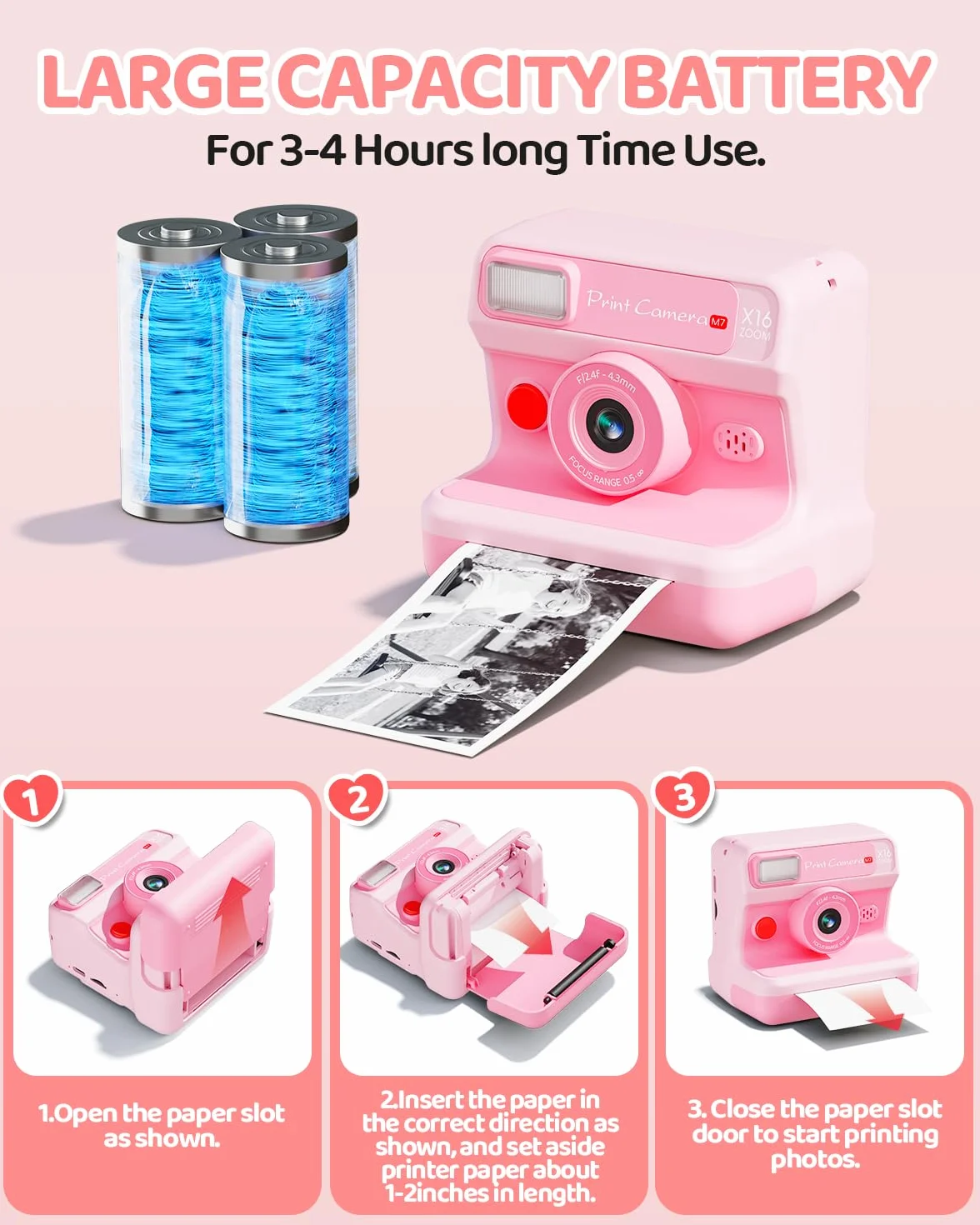 CalineGam Macchina Fotografica Bambini Istantanea, HD 1080P Macchina Fotografica Istantanea con Scheda da 32 GB e 3 Rotoli di Carta, Regalo di Natale per Ragazze Ragazzi dai 3 ai 14 Anni