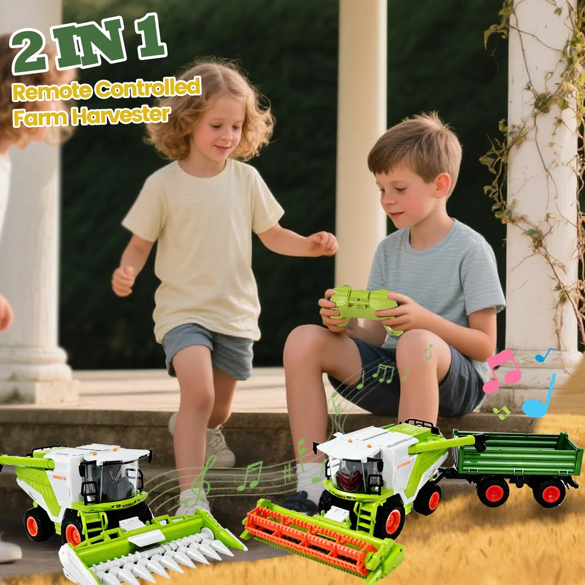 Joellfuner Mietitrebbia Telecomandata, RC Trattore Telecomandato, Mietitrice con Funzione Luce Suono e Spray, Trattore Agricolo Include Rimorchio, Giocattoli da Collezione per Bambini dai 3 Anni