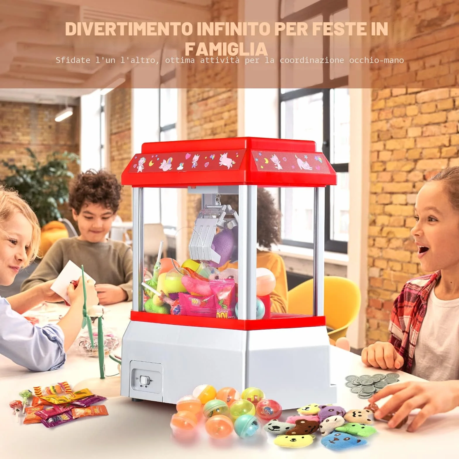 Macchina ad Artiglio per Bambini Caramelle Machine con 10 Bambole 24 Valuta di Gioco Mini Macchina per Artigli Grabber per Ragazzi e Ragazze