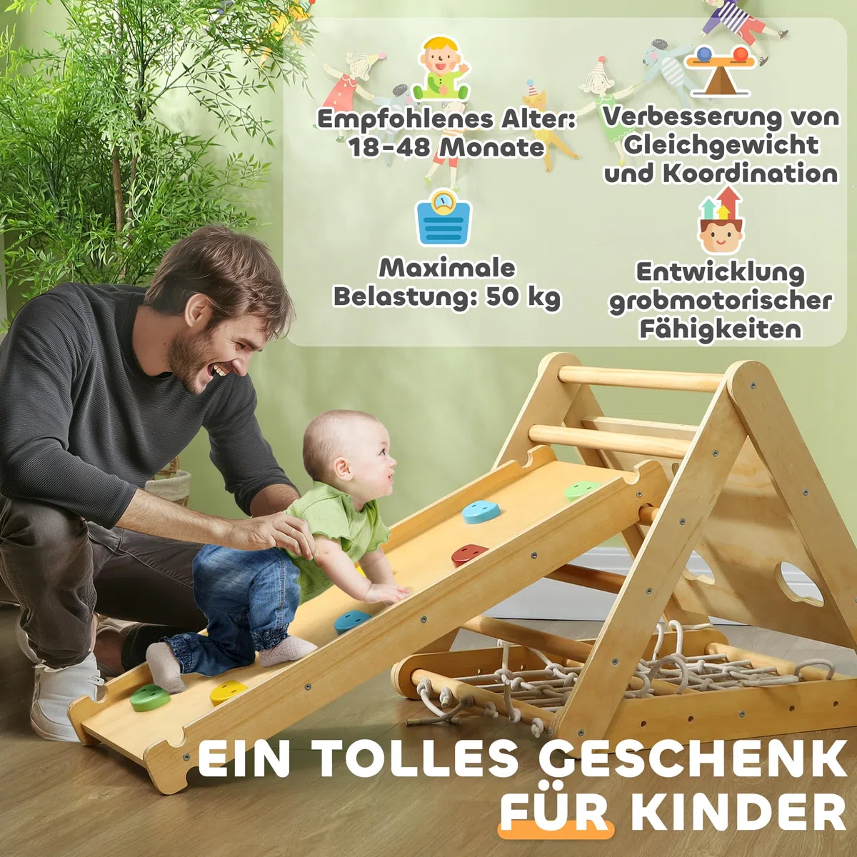 AIYAPLAY Montessori 7 in 1 Struttura da Arrampicata per Interni in Legno con Arco e Scivolo