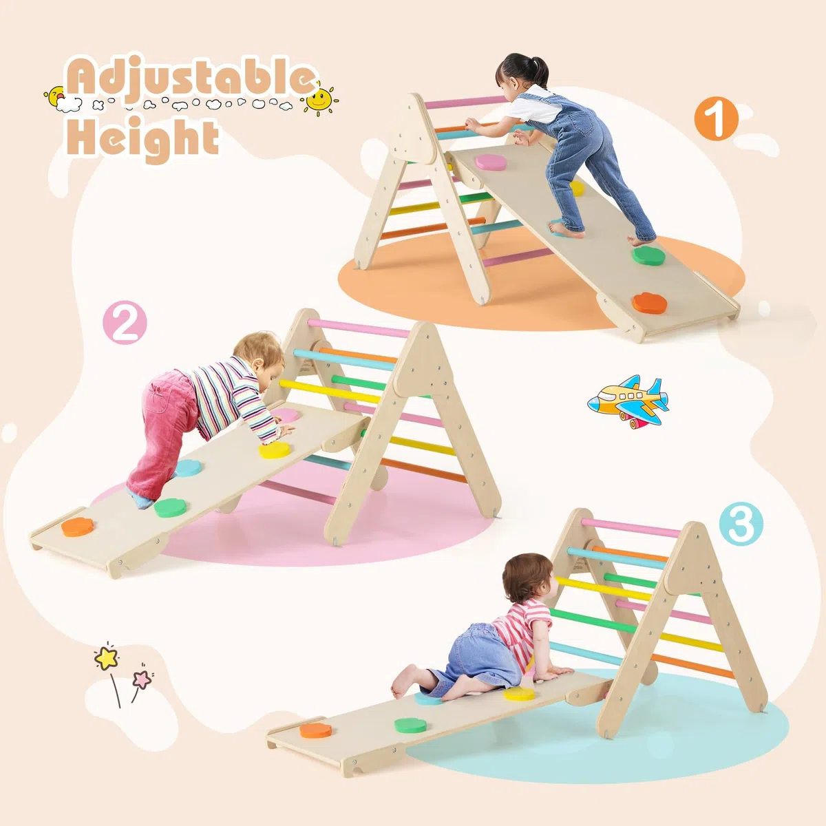 Fantask Struttura da arrampicata 4 in 1 legno con scivolo triangolo arco altalene per bambini 1 anno