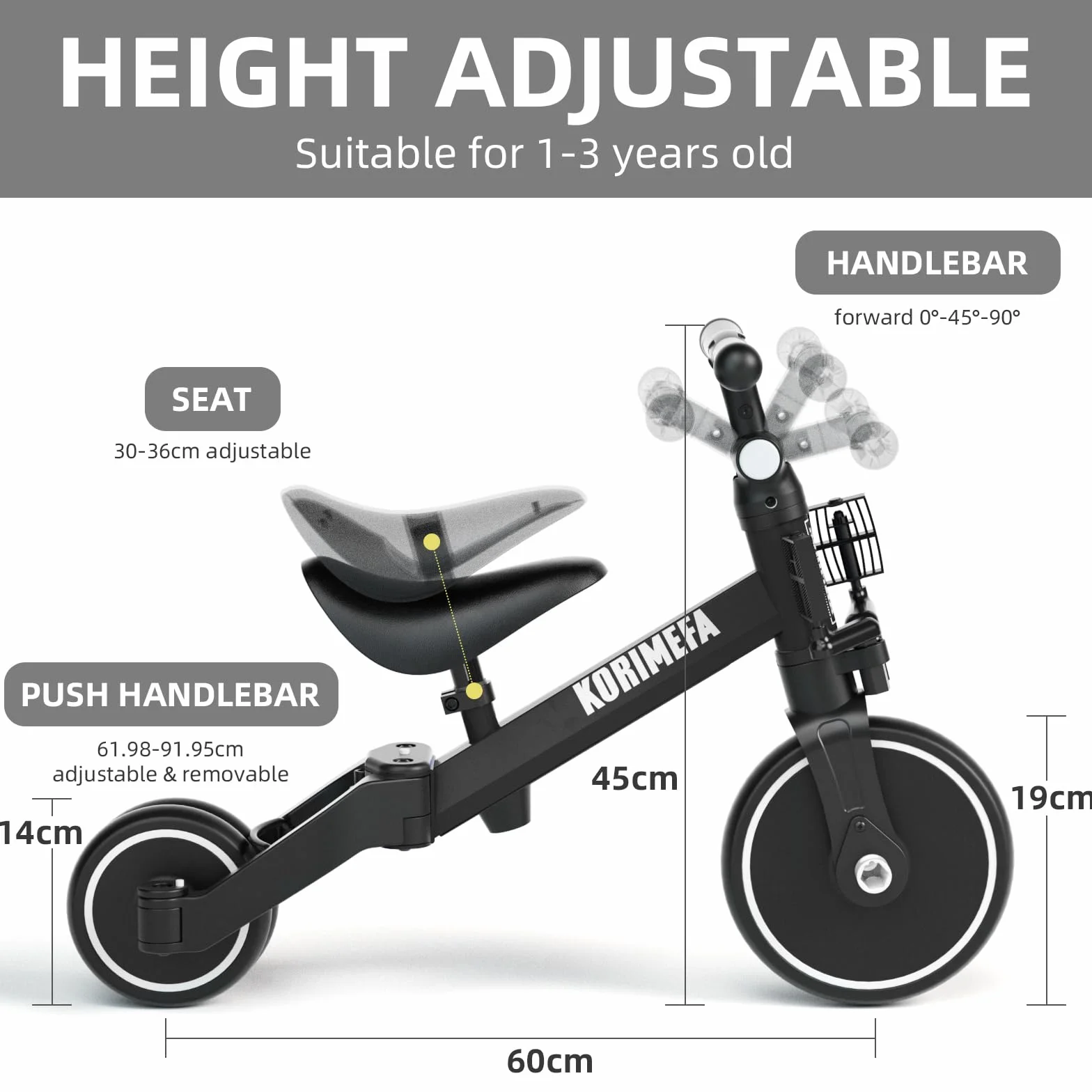 KORIMEFA 4 IN 1 Triciclo Bambini Triciclo con Maniglione di Spinta il Genitore per 1-3 Anni Ragazzi Ragazze Triciclo per Bambini Bicicletta Equilibrio Sedile e Maniglia Regolabili