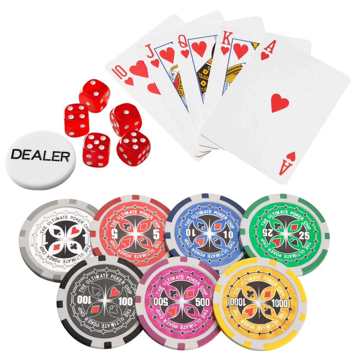 tectake® Set da Poker per Giochi con Chips Poker Professionali in Valigetta in Alluminio, 2 Mazzi di Carte da Gioco, Dadi, Fiches Grigie, Rosse, Blu, Verdi, Nere, Viola - 500 Pezzi - Nero