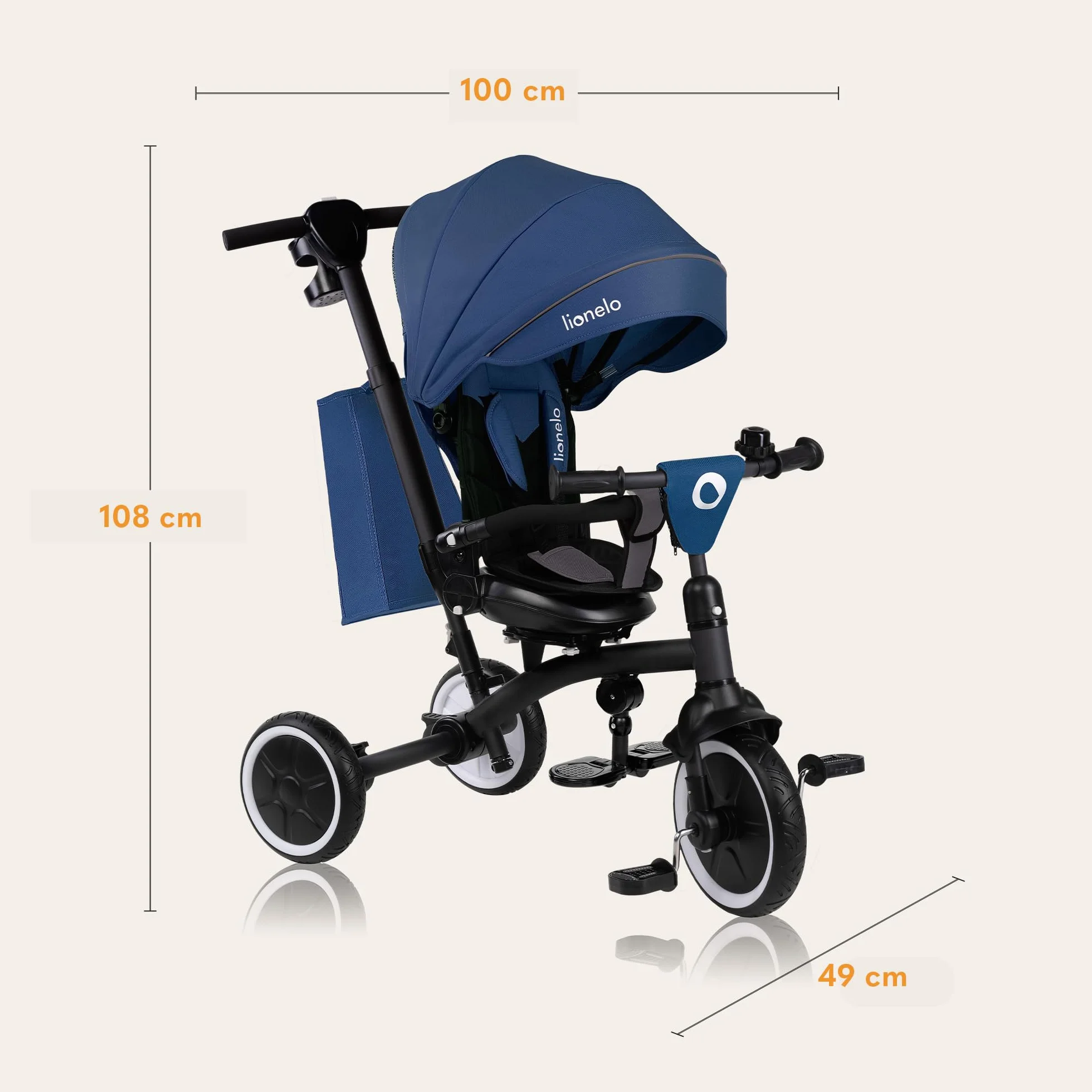 LIONELO Tris Plus 2in1 Bicicletta Triciclo e Passeggino pieghevole per bambini da 9 mesi fina a 25kg Sedia 360gradi Fronte Mamma o Strada Bici regolabile e compatta Borsa Portabibite Ruote PU (Blue)