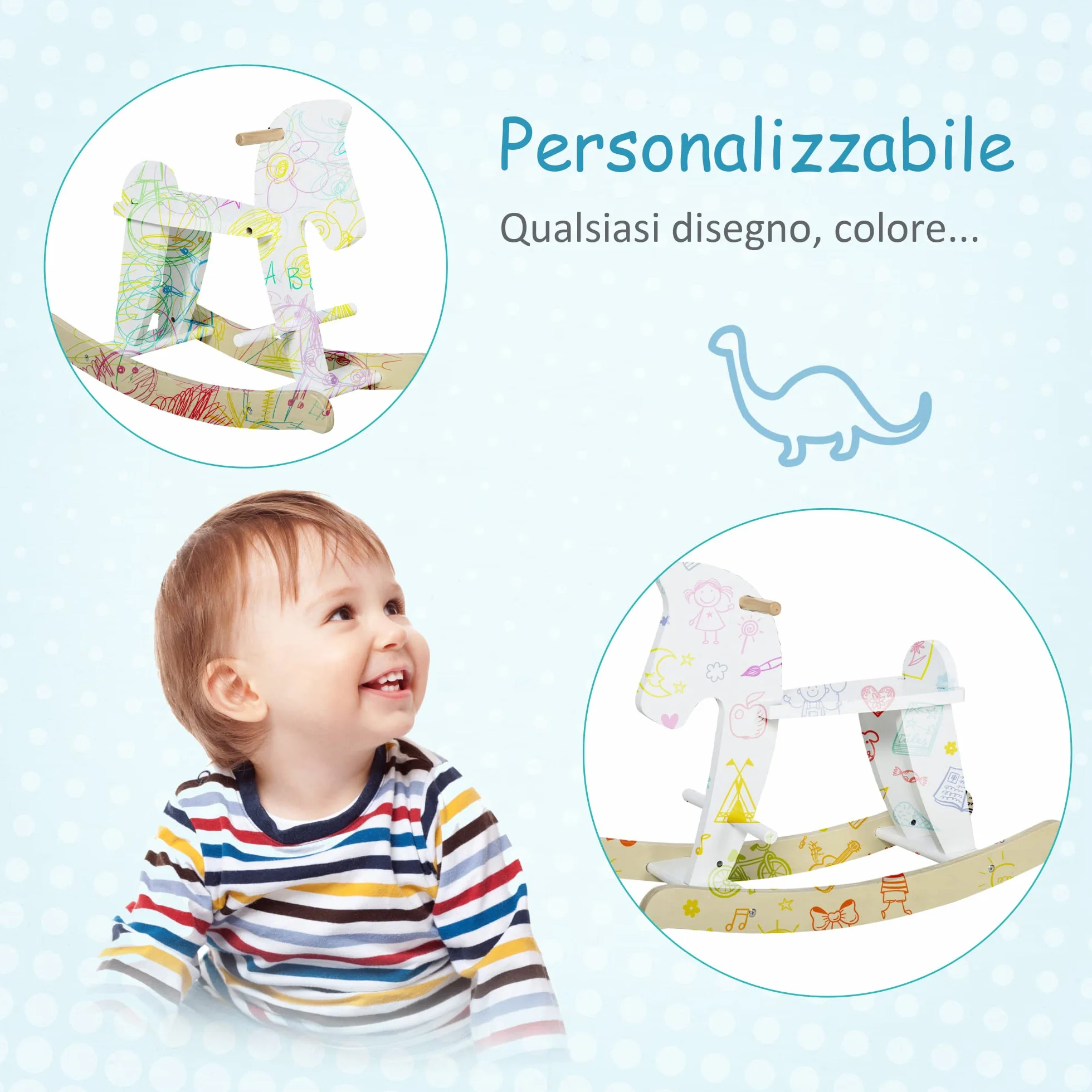 HOMCOM Cavallo a Dondolo per Bambini 1-3 Anni, Design Classico in Legno con Maniglie e Poggiapiedi, 68x26.5x48cm, Bianco