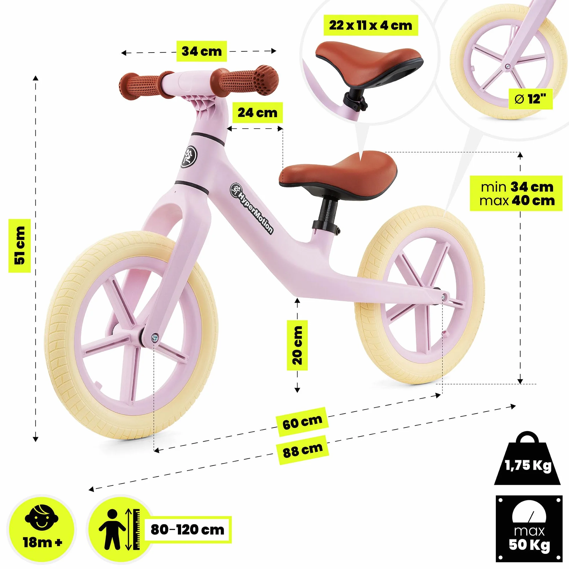 HyperMotion Marcelo Bicicletta Senza Pedali Balance Bike 12 Pollici con Ruote PU Antiforatura, Sella Regolabile e Bloccasterzo, per Bambini da 18 Mesi, Resistente fino a 50 Kg, Montaggio Facile, Rosa