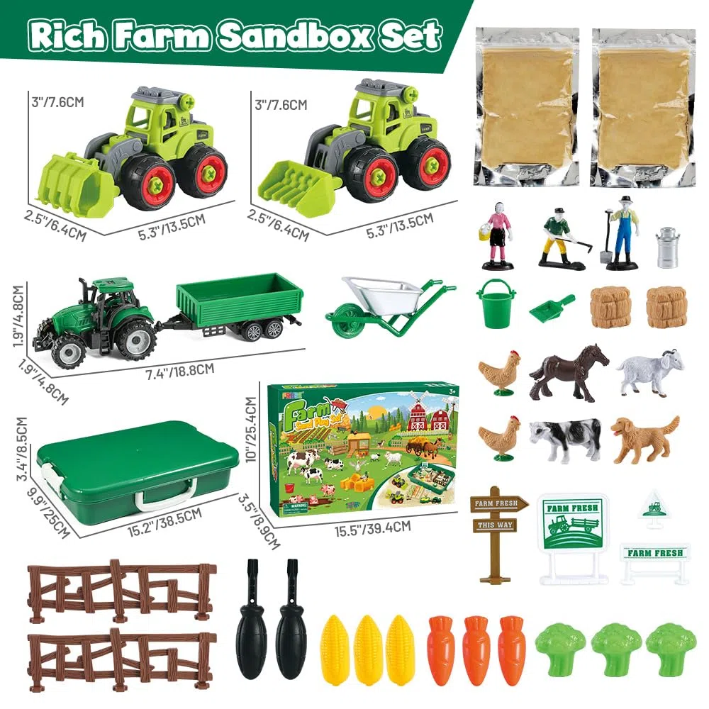 FRUSE Sabbia Giocattolo per Bambini Animali Fattoria, Kit Sabbiera 1 KG Sabbia Magica con Trattore