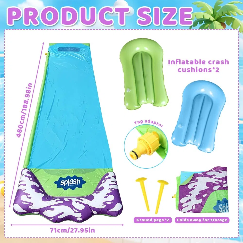 Scivolo D'acqua 480x70cm con Spruzzatori, Tappetino Acquatico con 2 Bodyboard