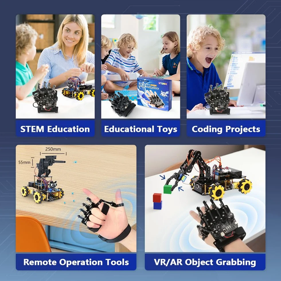 Guanto wireless ESP32 con rilevamento del movimento, supporta Arduino, ACECode e Python, kit robot fai da te, mano meccanica, giocattolo STEM, braccio a cinque dita per codificare, kit robot