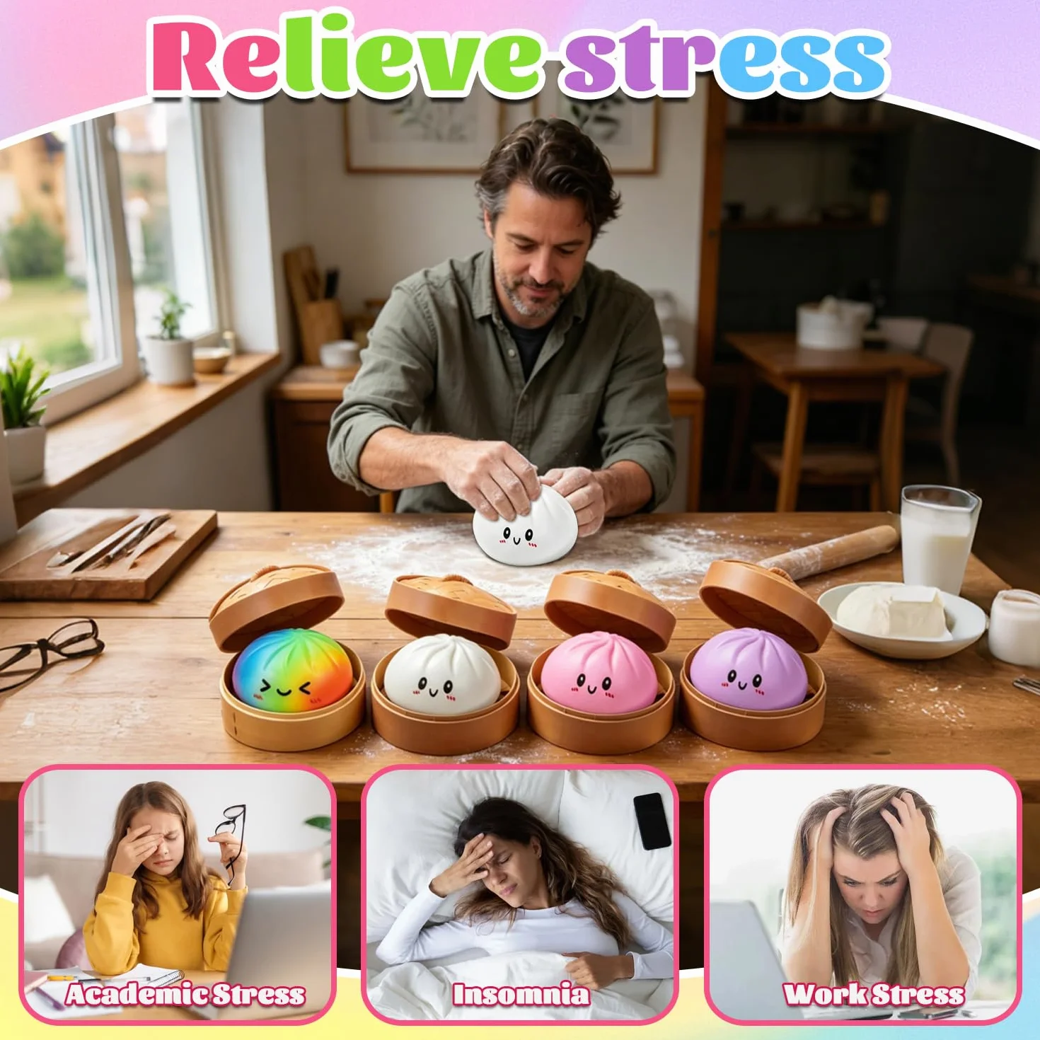 Giocattoli Antistress Gnocco, 4 Pezzi Palline Antistress Gnocco, Dumpling Stress Ball, Dumpling Squishys Toy, giocattolo squishy gnocchi, Glitter Dumpling Squishys, Per Lavoro, Studio, Viaggio E Relax