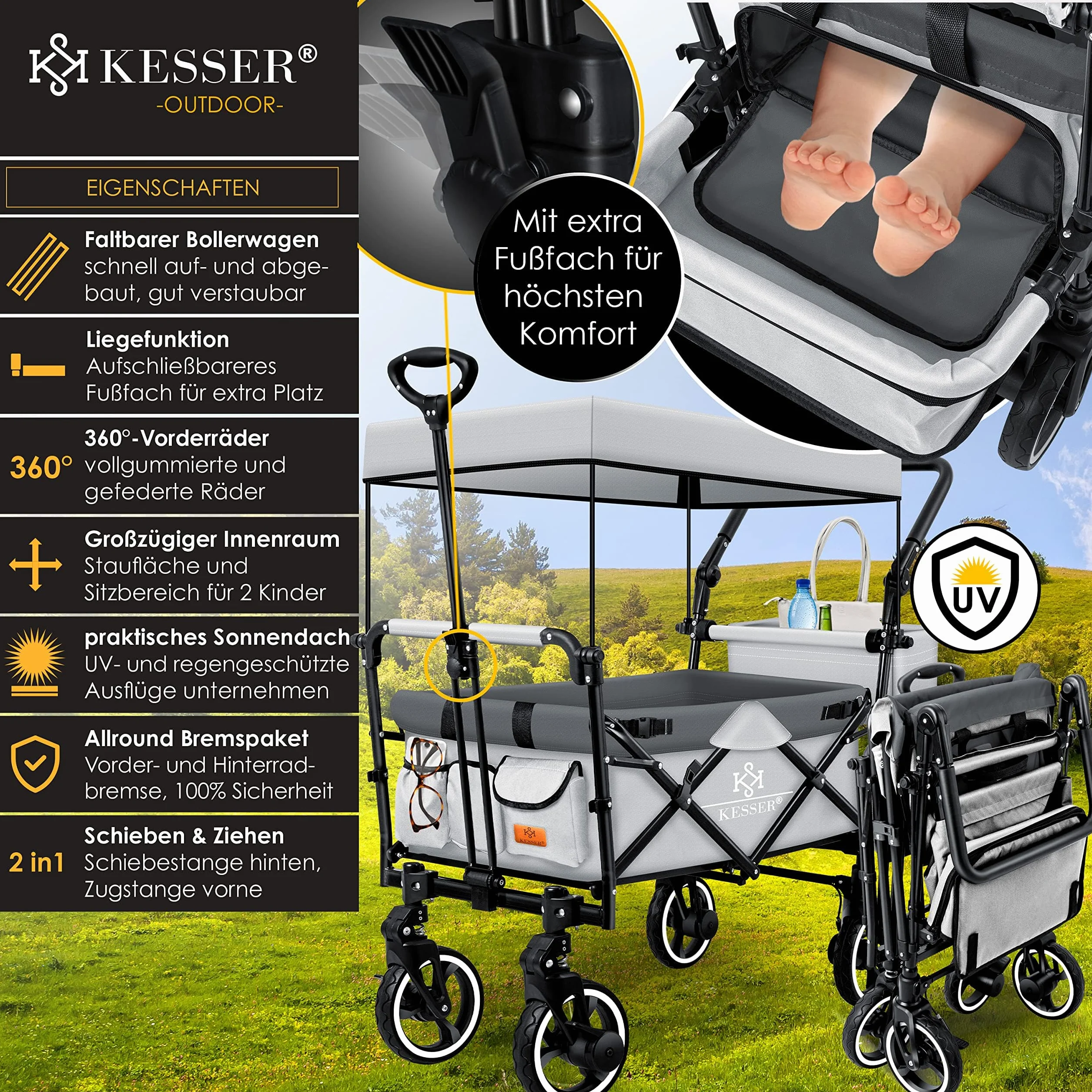 KESSER® - Carrello pieghevole manuale GTS-9100 con tettoia, carrello pieghevole con 2 sistemi con cinture a 3 punti, ruote in gomma girevoli a 360° e sistema di prolungamento interno, freno anteriore