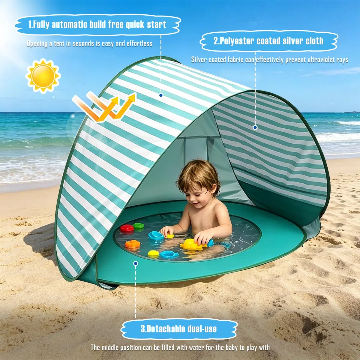 Tenda da spiaggia Baby Pop Up con mini piscina protezione UV portatile per bambini