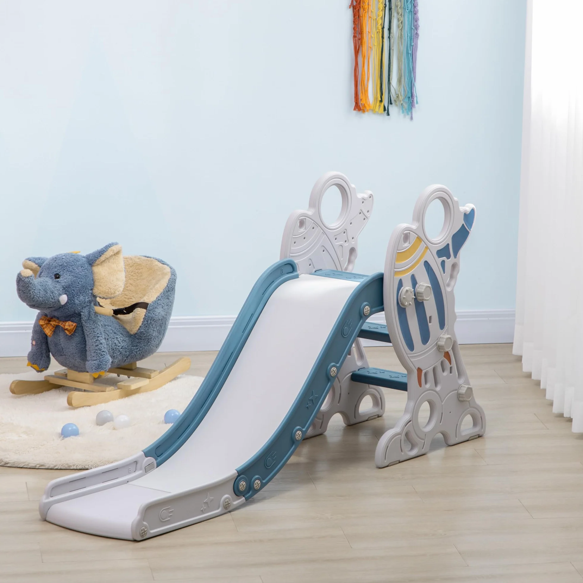 AIYAPLAY Scivolo per Bimbi 18-36 Mesi a Tema Spaziale con Scale Antiscivolo, Scivolo da Interno in PE e PP, 157x46.5x80 cm, Blu e Bianco