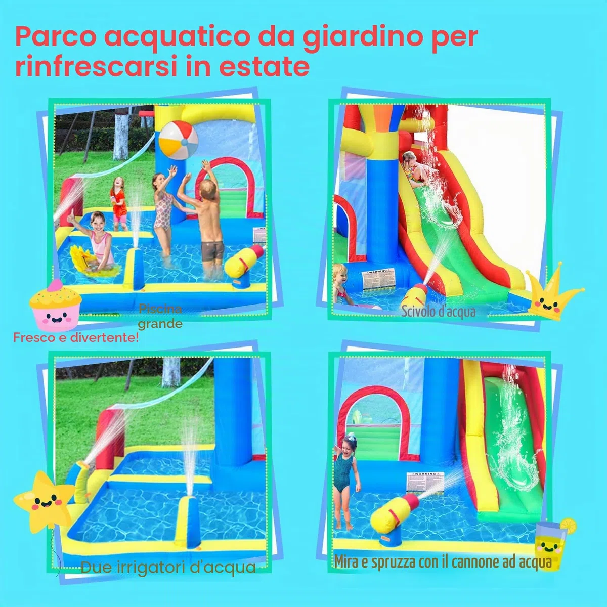 Baralir Castello gonfiabile con ventilatore, Parco acquatico, Scivolo a secco/Acqua, 343x338x202 cm, Castello gonfiabile interno/esterno, I migliori regali di vacanza/Compleanno per bambini