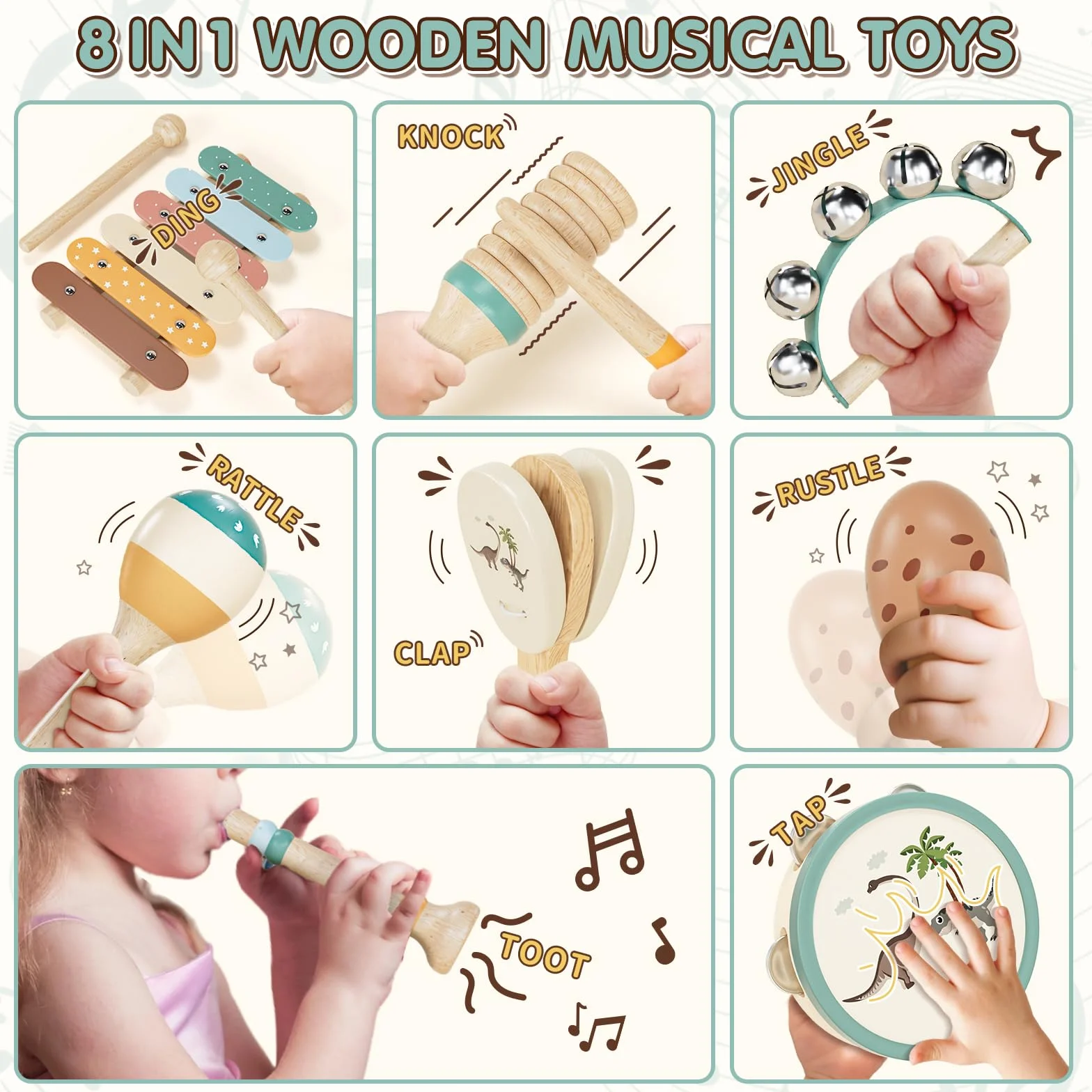 Lehoo Castle Strumenti Musicali Bambini 1 Anno, 8 in 1 Giochi Legno Montessori Sensoriale con Maracas Xilofono Tamburello Gioco Bambi Bimba 2 3 4 5 6 Anni, Educativi Interattivo Regalo