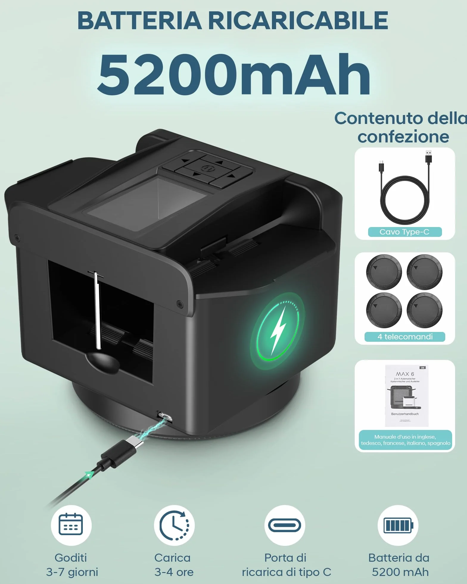 Mescolatore e Distributore Automatico di Carte – Rotazione 360° per 1–2 Mazzi, 2–12 Giocatori con 4 Telecomandi | Modalità di Gioco Integrate, Ricaricabile & Silenzioso per Poker, UNO, Phase 10 (Nero)