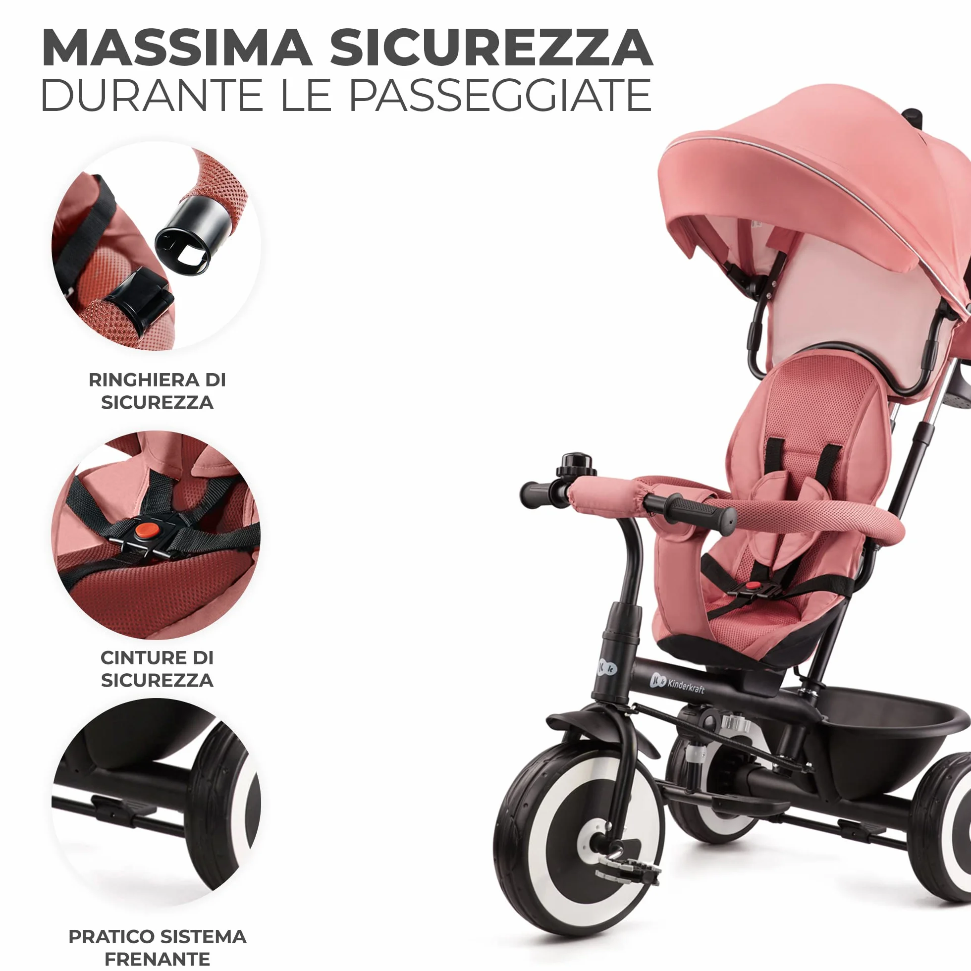 Kinderkraft ASTON Triciclo bambini dai 9 Mesi fino 25 kg, Passeggino con Maniglione regolabile, Bici, Sedile girevole Fronte Mamma e Strada, Cappottina pieghevole, Ruota libera, Rosa