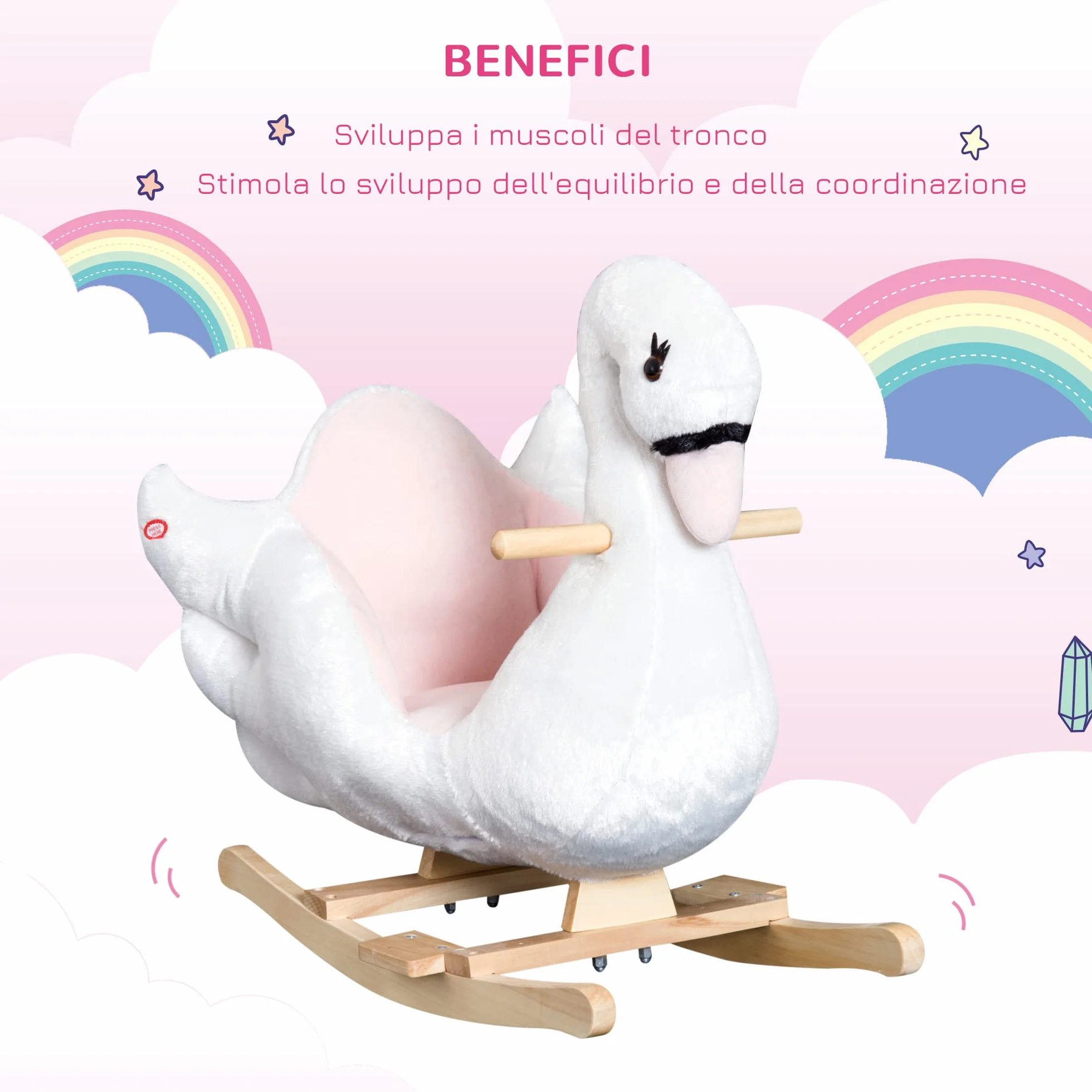 HOMCOM Cavallo a Dondolo a Forma di Cigno con Musica, Cavalluccio a Dondolo con Struttura in Metallo e Legno, Rivestimento Peluche, 60x40x57cm, Bianco