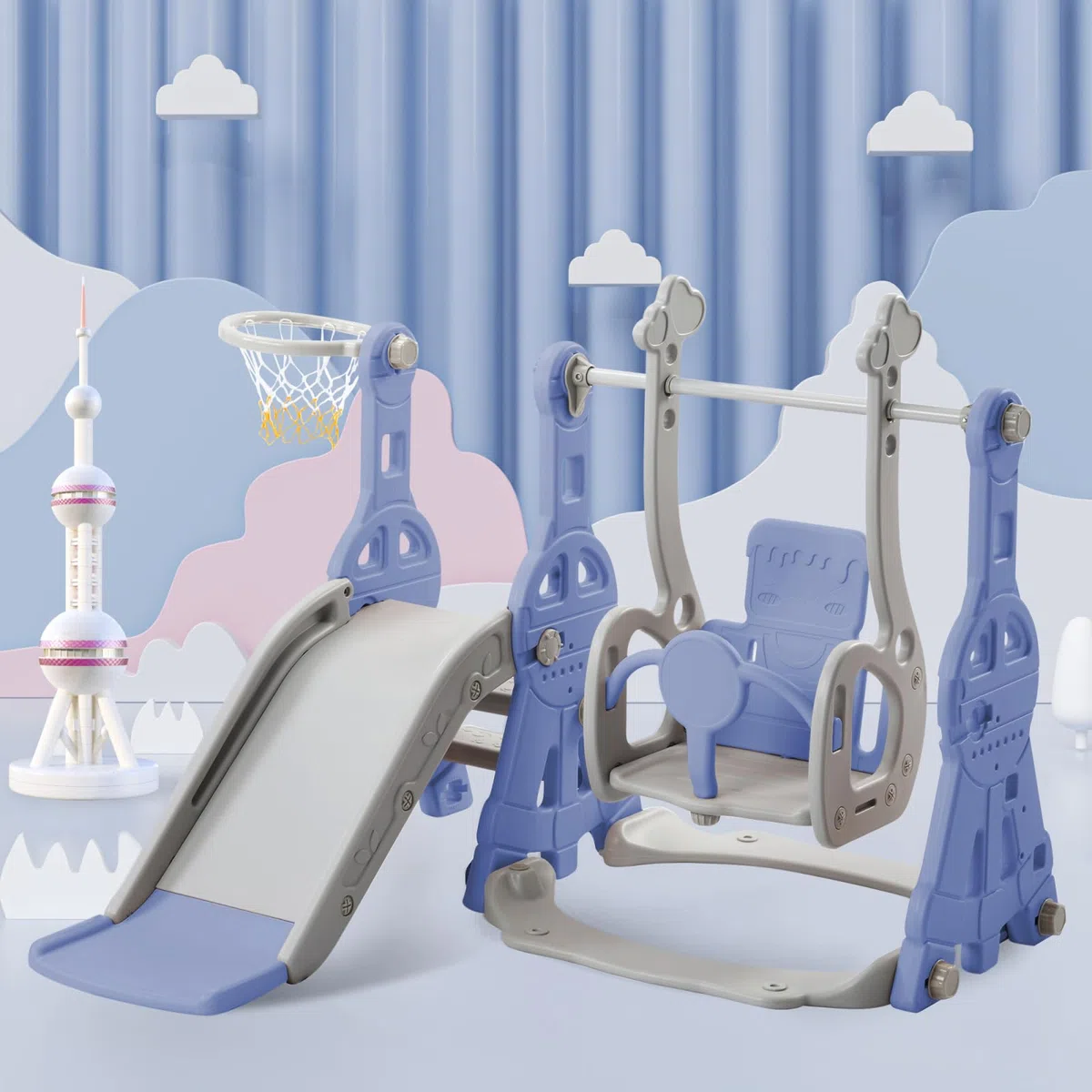 Scivolo per Bambini 4 in 1, scivoli all'aperto e al coperto, con cesto da basket, basket, altalena, scivolo e scaletta da arrampicata, area giochi al coperto e all'aperto (blu-2)