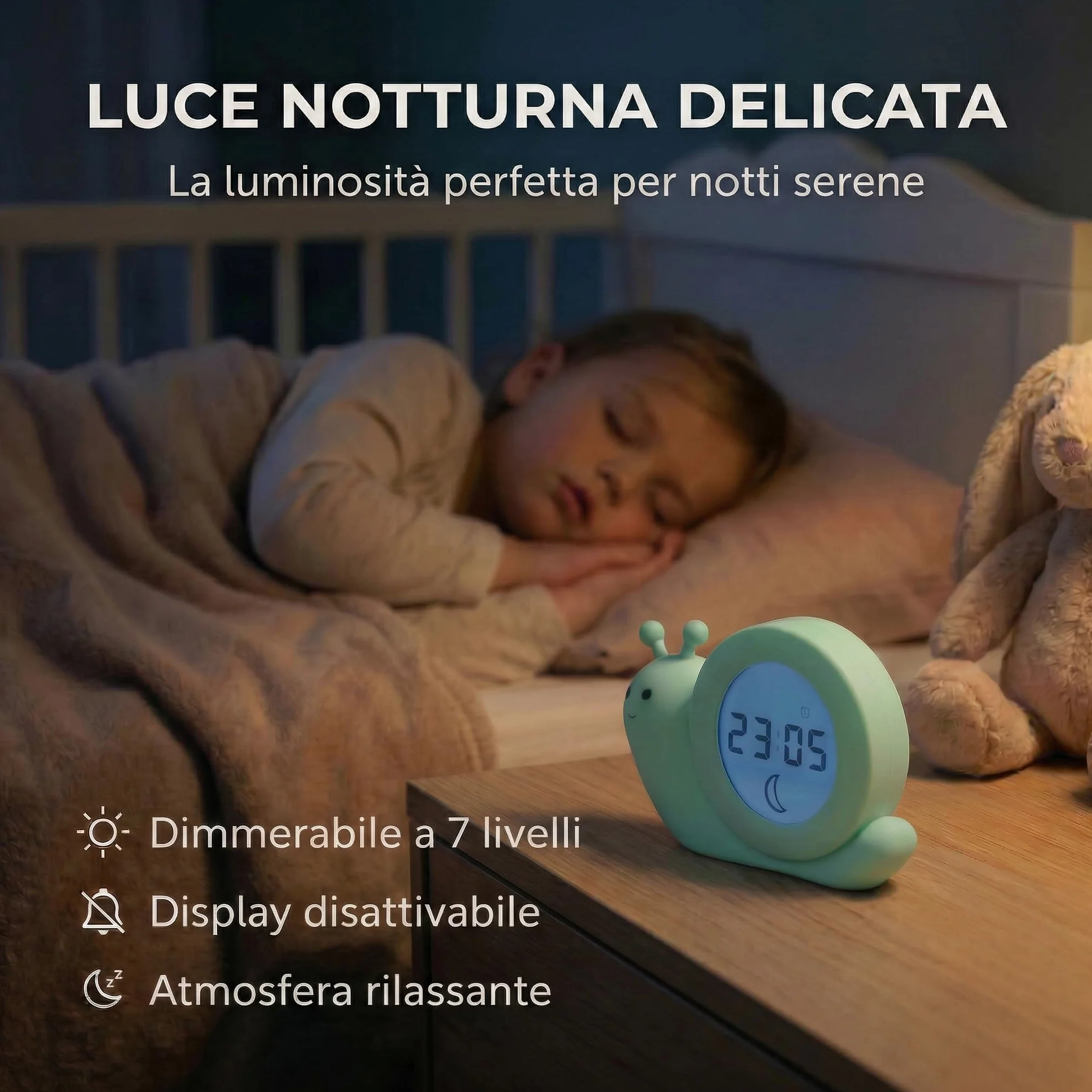 Alecto Baby BC110GN SIMON - Addestratore del sonno, luce notturna e sveglia, lumaca, verde menta