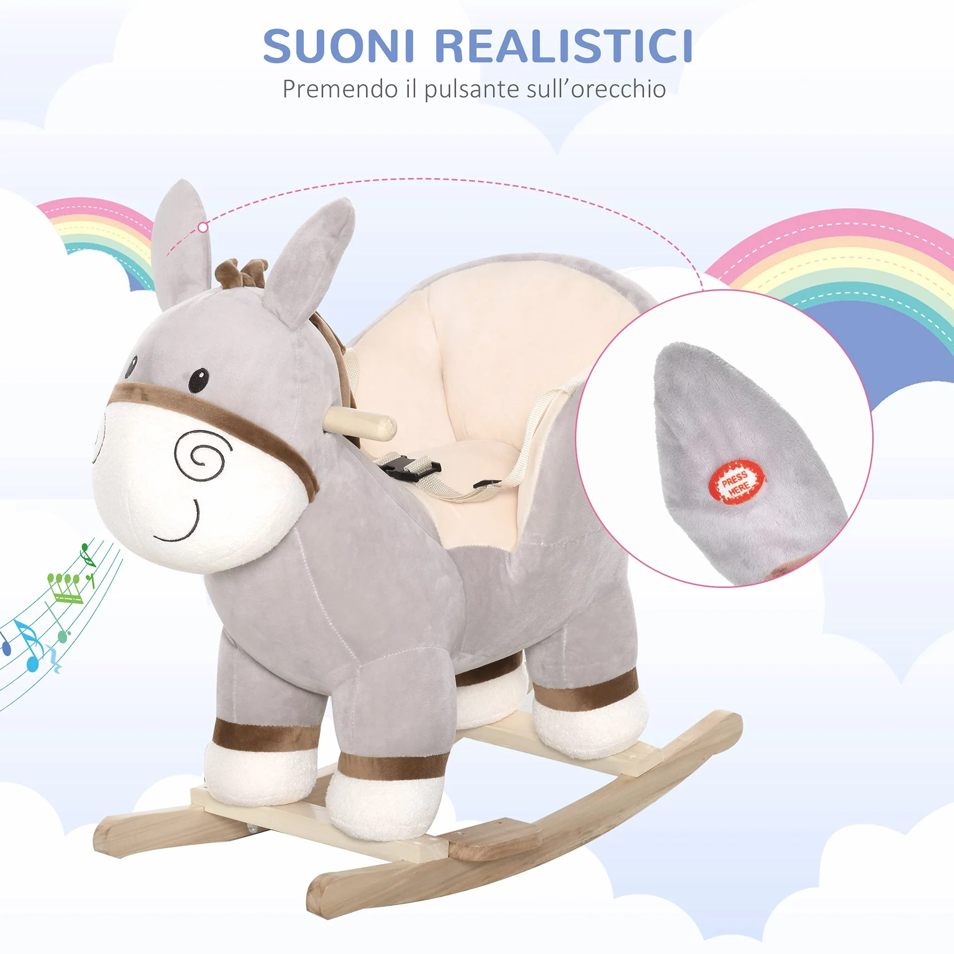 HOMCOM Cavallo a Dondolo per Bambini 18-36 Mesi, Cavalluccio a Dondolo a Forma di Asino con Suoni Realistici in Legno di Pioppo e Peluche, Grigio