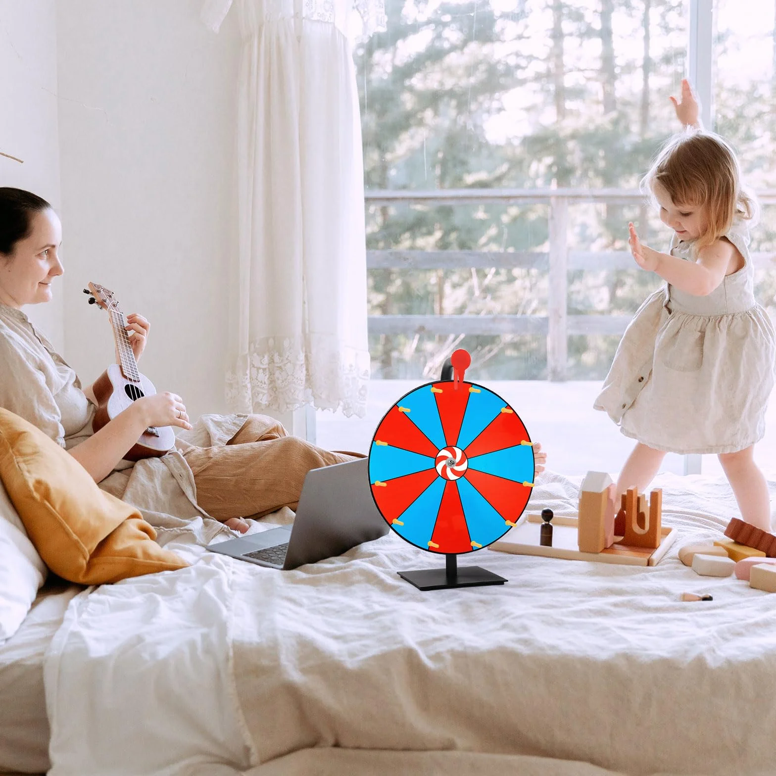 Kit Ruota dei Premi Girevole da 40cm, Ruota della Lotteria a 12 Slot con Supporto Ruota della Roulette Ruota da Tavolo per Carnevale Fiere Vinci Giochi di Giri della Fortuna (Rosso & Blu)