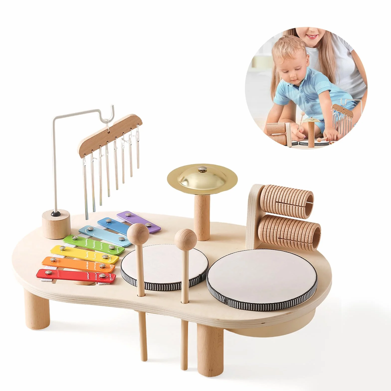 7 in 1 Baby Drum Set per Bambini, Xylophone Giocattolo Musicale di Legno, Strumenti Musicali Montessori del Bambino,Regalo di Compleanno per Ragazzi E Ragazze, A
