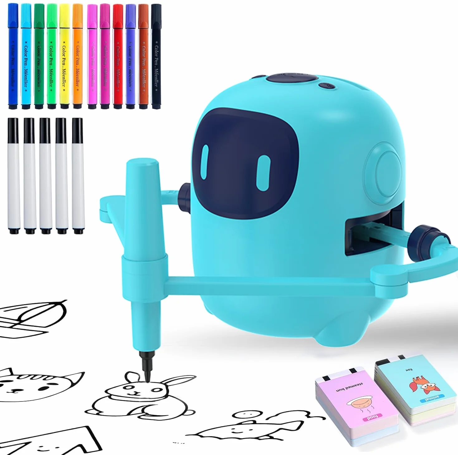 Robot da disegno per bambini con 150 carte, macchina da disegno educativa interattiva vocale, giocattoli didattici Montessori per 5+ anni festa di compleanno per ragazzi e ragazze (Blu)