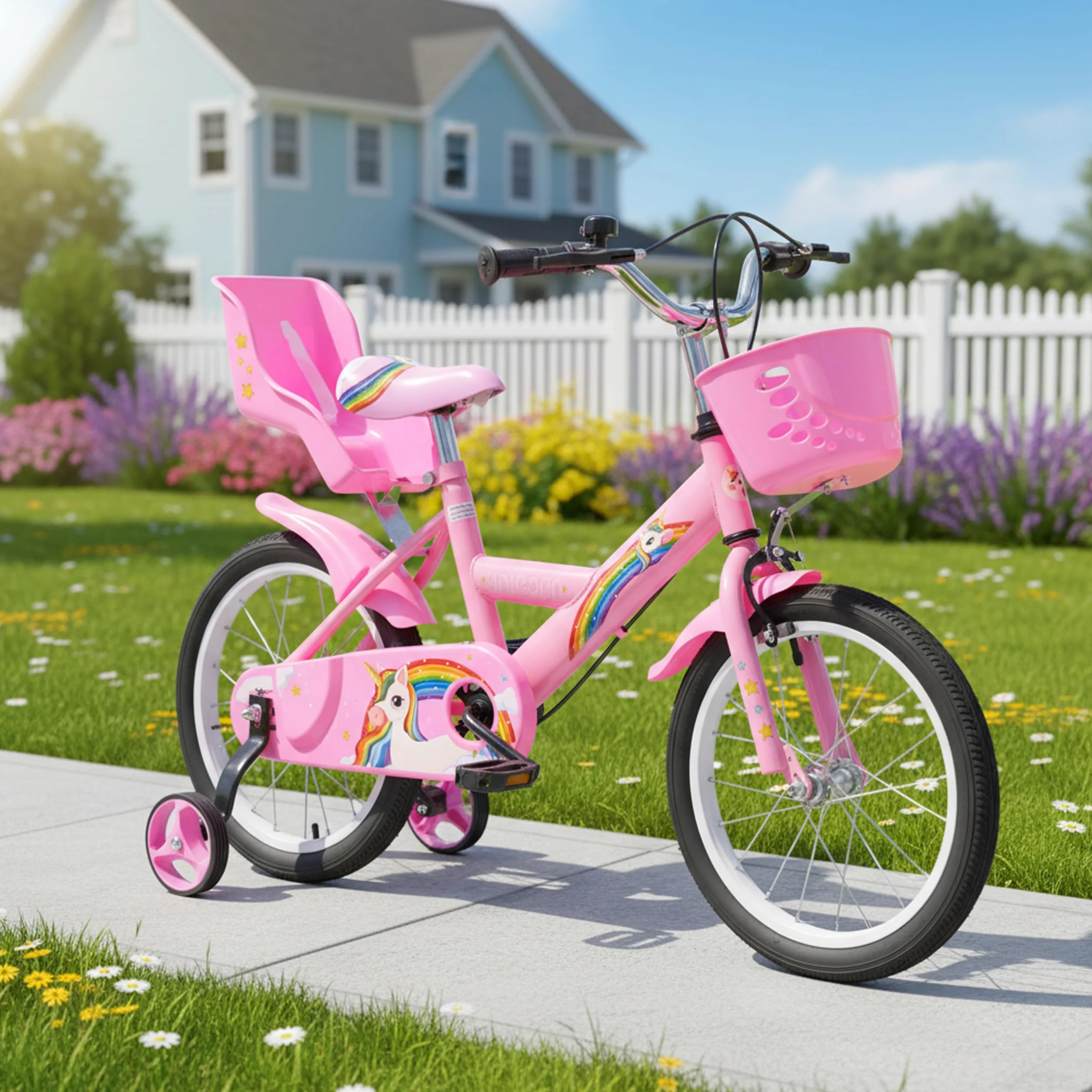 Baroni Toys Bicicletta per Bambine 12 & 14 & 16 Pollici con Unicorno con Porta Bambola e Rotelle Inclusi, Bici in Acciaio con Cestino per Bambina dai 2 ai 7 anni