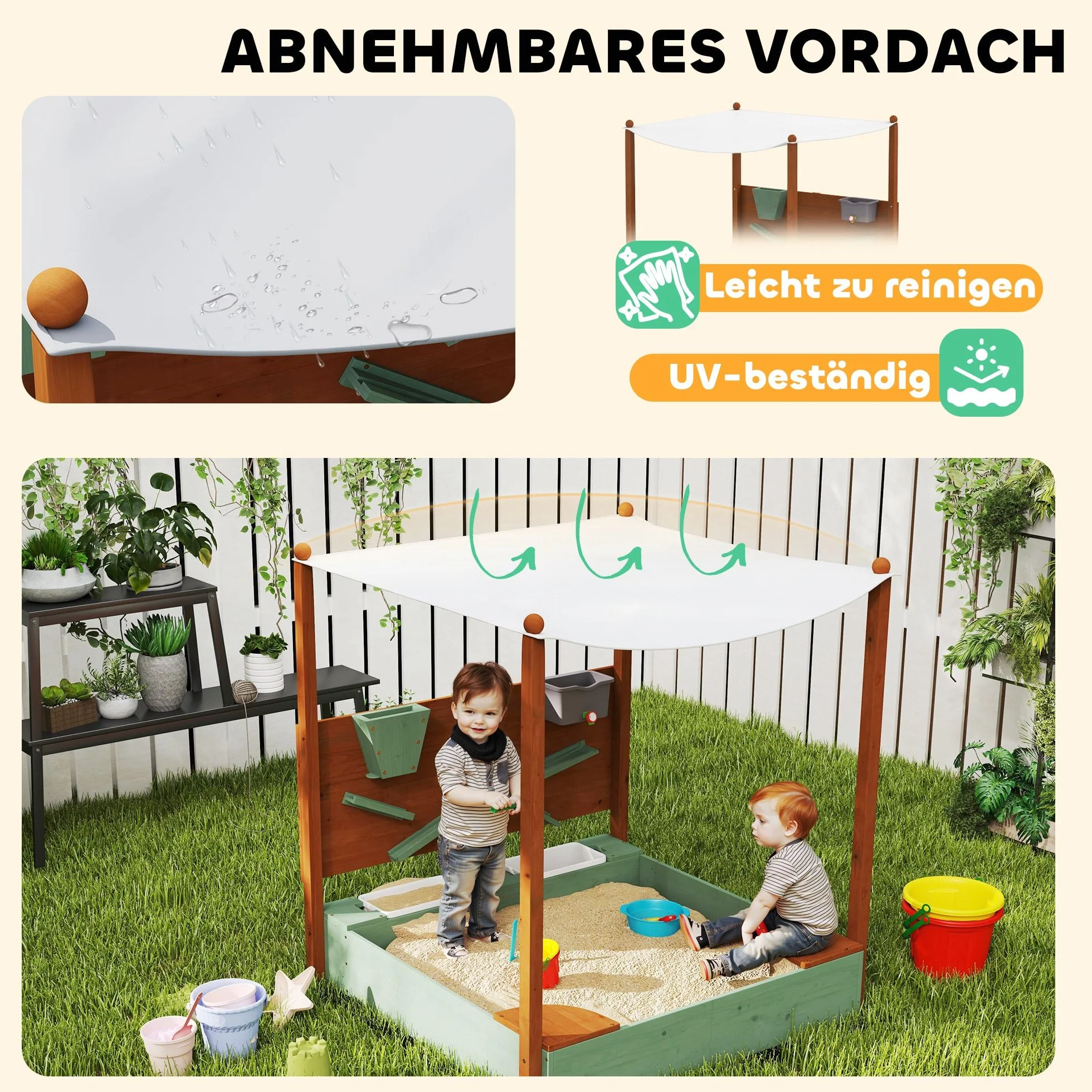 AIYAPLAY Sabbiera con tetto, 116 x 112,5 cm sabbiera in legno Sabbiera con sedile, 2 contenitori, sabbia e giochi d'acqua, secchio con rubinetto per bambini da 3 a 6 anni Verde