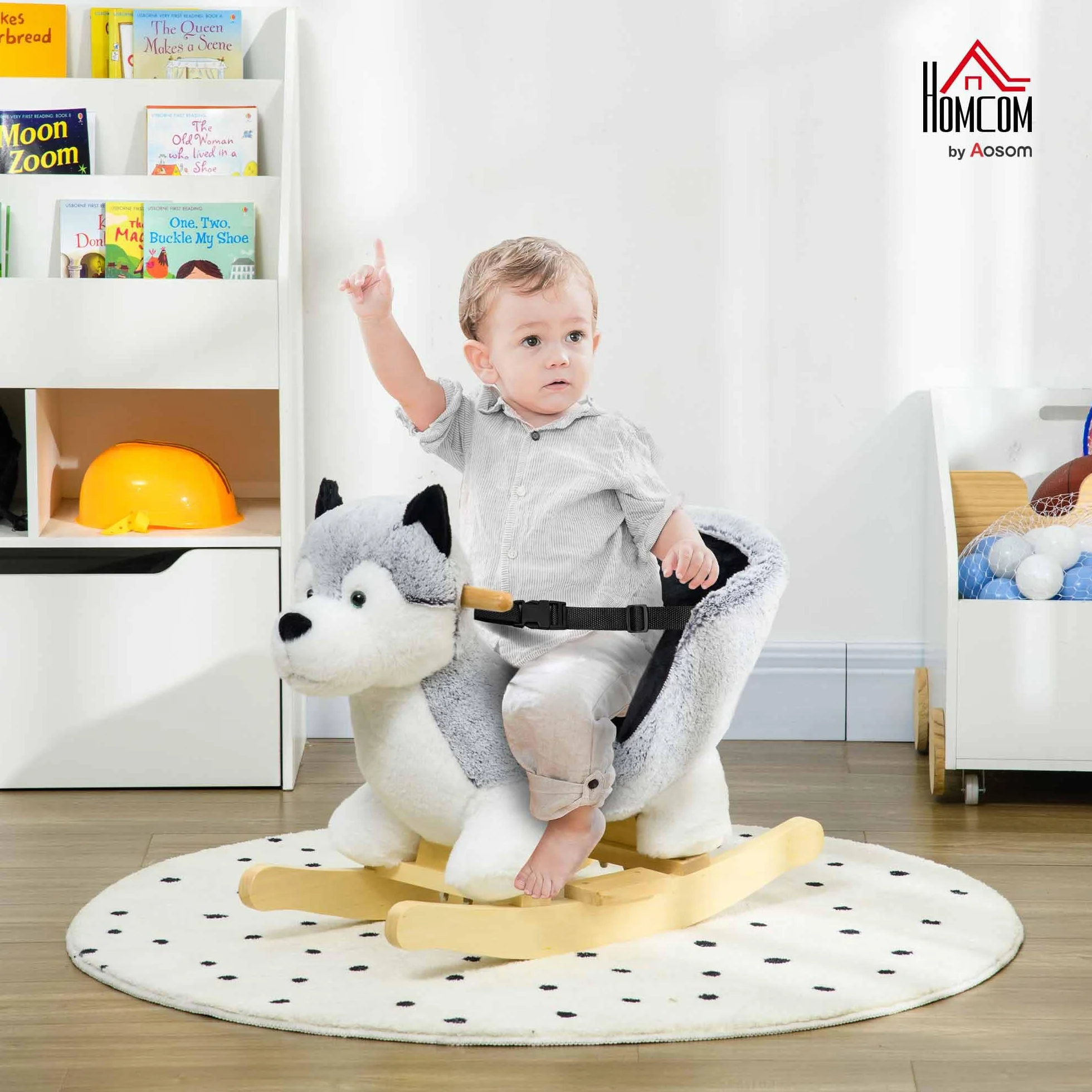 HOMCOM Cavallo a Dondolo per Bambini da 18-36 Mesi, Cavalluccio a Dondolo per Bambini Cavalcabile con Suoni Realistici, 60x33x50 cm, Grigio