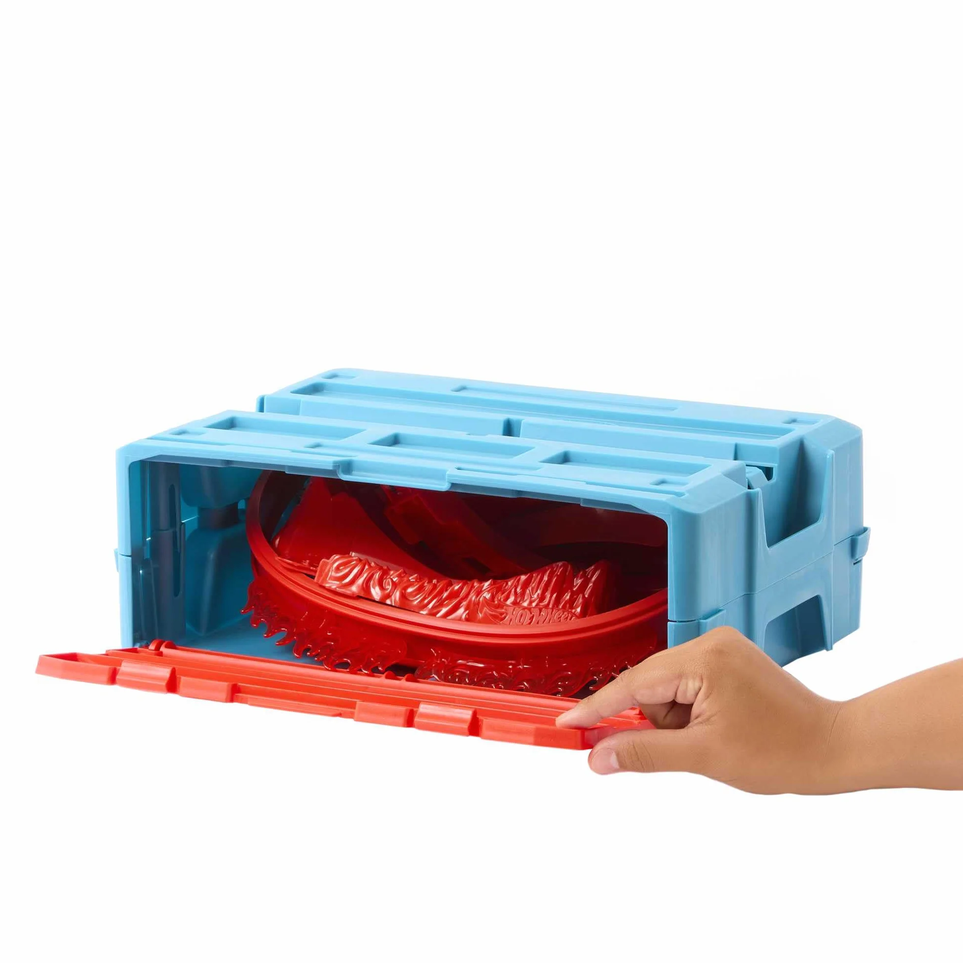 Hot Wheels - Hot Wheels pista tema fuoco e 1 macchinina, 16 pezzi di pista e componenti per acrobazie in confezione impilabile, giocattolo per bambini 4+ Anni, HMC04