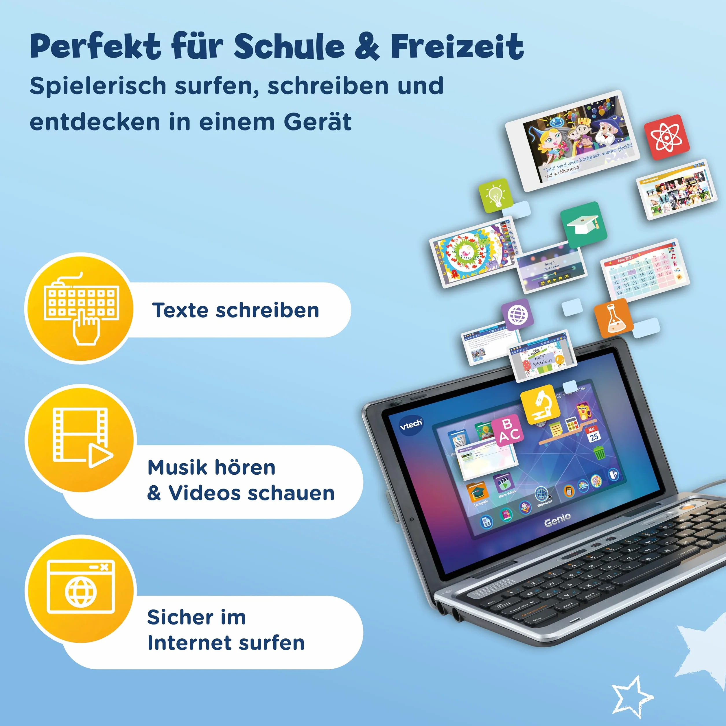 VTech Genio learning laptop XL - computer didattico con ampio schermo LCD da 7" con accesso a Internet, programma di testo e molti contenuti didattici - per bambini dai 5 ai 12 anni, grigio